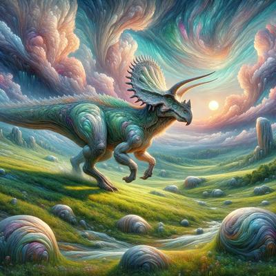 Primary subject: Dinosaur
Setting/background: A lush green field with rocks and a sunset in the background
Visual style: Digital art
Colors and mood: The image is colorful and has a vibrant, lively atmosphere.